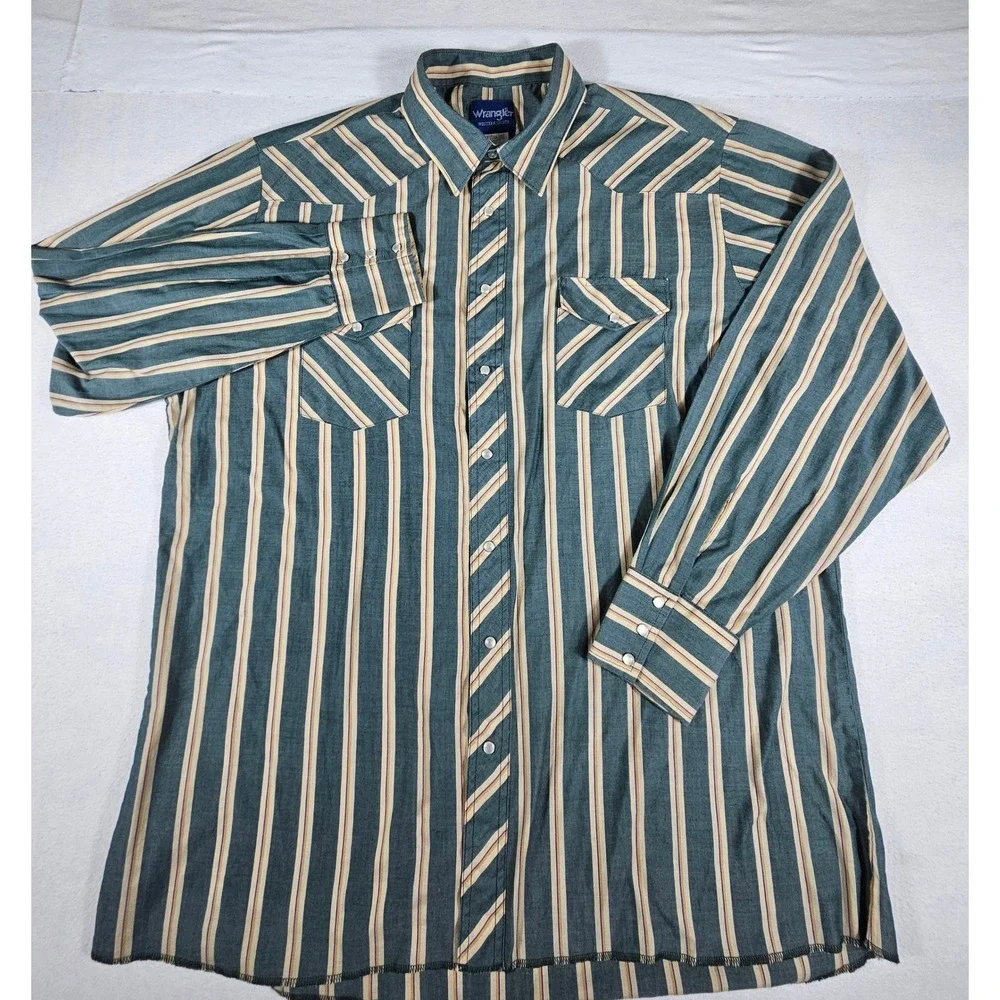 Wrangler Western Shirt Mens 2XLT Pearl Snap Teal Tan Striped Long Sleeve 75951PP